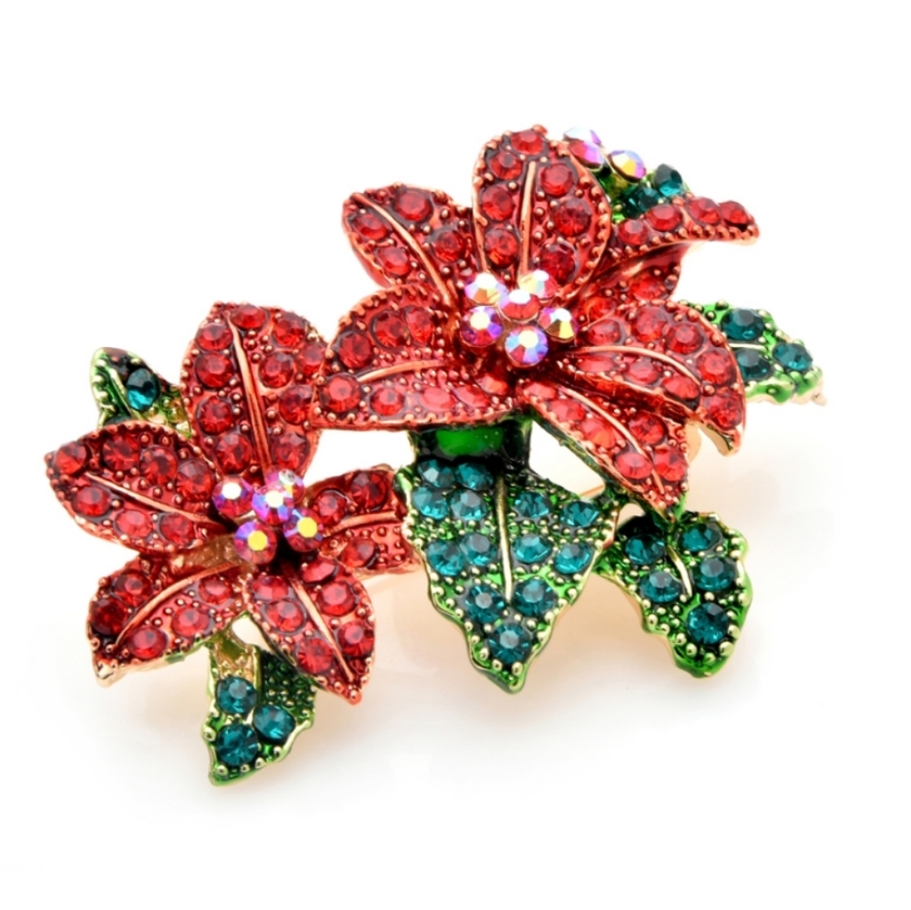 Rhinestone Poinsettia Christmas Brooch Pin